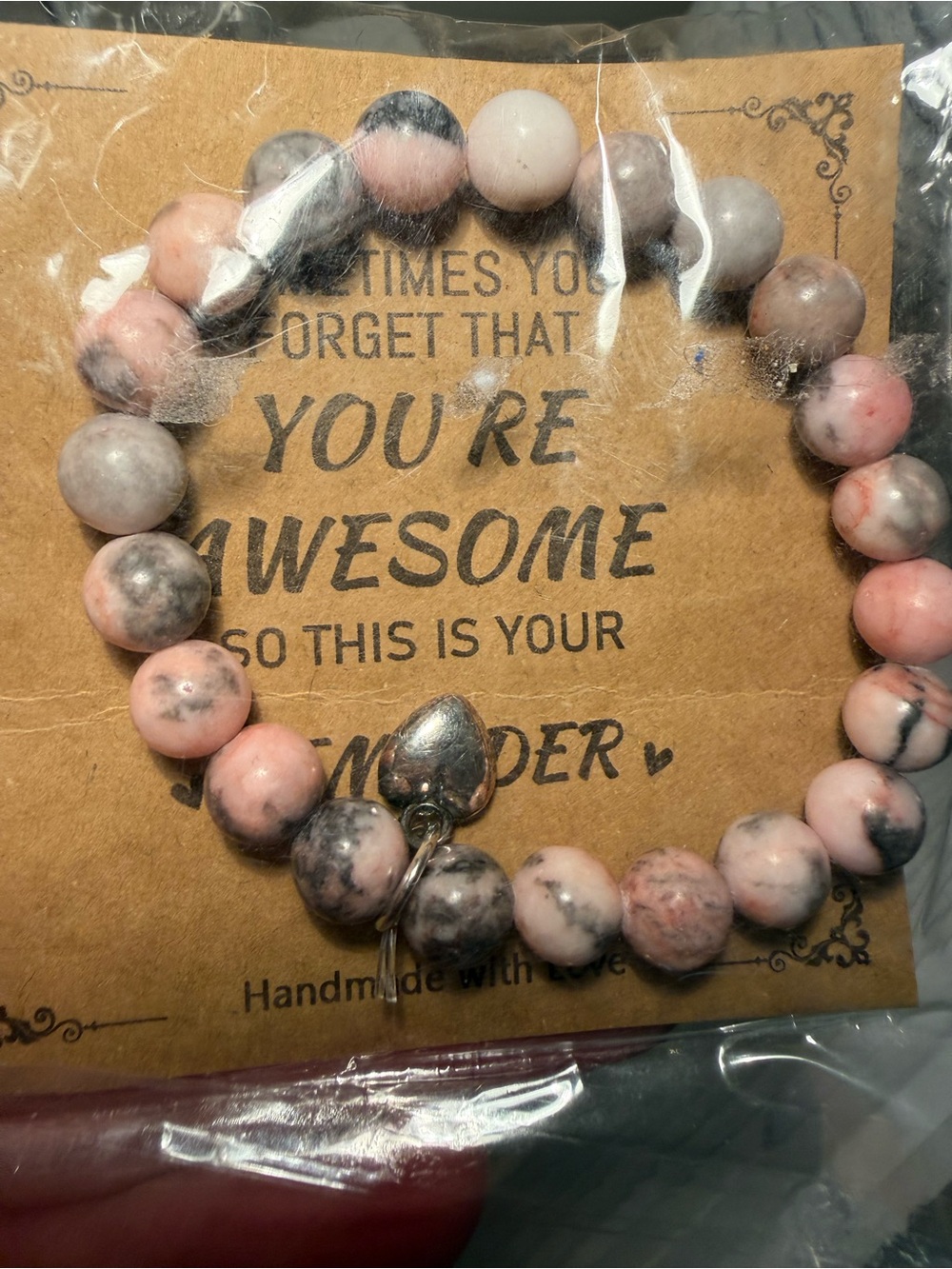Handmade Pink & Gray Beaded Charm Bracelet - Heart Accent